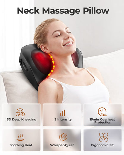 Shiatsu Back and Neck Massager with Heat, Deep Tissue 3D Kneading Massager Pillow for Muscle Pain Relief, Black,Relaxation Gifts for Women Men